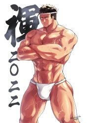 1boy 2022 abs angry angry_face ass_visible_through_thighs bara beefy biceps big_breasts big_bulge black_hair blue_eyes bulge bulge_through_clothing collarbone cross_scar crossed_arms daddy dilf frown fundoshi fundoshi's_day fundoshi_only gay hachimaki headband hi_res hunk kanji locksukebe_(rokusuke) looking_at_viewer male male_breasts male_only manly mature_male muscles muscular muscular_arms muscular_legs muscular_male muscular_thighs navel open_legs oppai original original_character pecs pubic_hair quadriceps rokushaku_fundoshi scar scar_on_arm scar_on_face scar_on_leg scar_on_stomach scars_all_over shadow short_hair six_pack slim_waist solo standing steam steaming_body thick_arms thick_neck thick_thighs tough_guy triceps veiny_arms veiny_legs veiny_muscle veiny_stomach white_background white_fundoshi yaoi