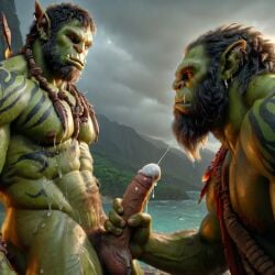 ai_generated bara big_muscle big_penis erection gay green_skin huge_cock male male_only muscular_male orc orc_male orced penis