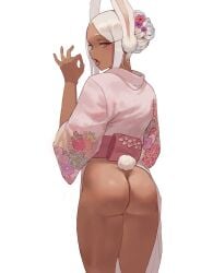 1girls absurdres alternate_costume alternate_hairstyle animal_ears ass boku_no_hero_academia bottomless commission dark-skinned_female dark_skin fellatio_gesture floral_print floral_print_kimono from_behind grey_hair hair_bun hand_fan highres japanese_clothes kimono looking_at_viewer looking_back mirko open_mouth paper_fan patreon_username pink_kimono print_kimono rabbit_ears rabbit_girl rabbit_tail red_eyes short_hair sidelocks smile solo tail tongue tongue_out uchiwa white_background zefra_bleu