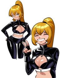 1girls blonde_female blonde_hair blue_eyes bra cleavage female female_focus female_only leather leather_clothing leather_gloves leather_jacket leather_pants light-skinned_female light_skin marri_(selvish94) midriff navel oc original original_character selvish94