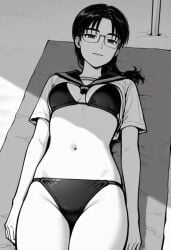 ai_generated beach_background beach_blanket best_quality black_bikini black_bikini_top cowboy_shot female glasses initial_d light_smile looking_at_viewer manga manga_style masterpiece monochrome on_back serafuku shiraishi