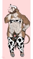 2019 animal_genitalia anthro balls beard big_balls bikini blush body_hair bovid bovine cattle clothed clothing cow_print cow_print_slingkini digitigrade facial_hair flaccid geier hair hairy hooves horn legwear looking_at_viewer male male_only mammal penis sheath solo standing swimsuit thick_thighs thigh_highs wardrobe_malfunction