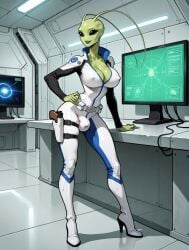 1futa 1girls against_table ai_generated alien alien_girl alien_humanoid antennae_(anatomy) arm_support bald belt black_eyes black_sleeves blue_trim bodysuit bulge cleavage clothed covered_nipples earless eyelashes futanari green_lips green_skin gynomorph hand_on_hip high_collar high_heel_boots high_heels holster holstered_weapon indoors jimojo knee_boots large_breasts leaning light_smile long_sleeves multicolored_clothing narrow_waist no_ears no_nose no_pupils no_sclera noseless parted_lips science_fiction solid_eyes solo stable_diffusion standing thigh_holster utility_belt white_bodysuit