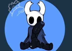 coat dark_eyes dark_skin geno_boy hollow_knight horns hugging_penis hyper hyper_penis simple_background small_but_hung