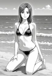 ai_generated beach best_quality black_bikini black_bikini_top female initial_d kneeling light_smile looking_at_viewer manga_cover masterpiece mika_uehara monochrome ocean sexy_pose