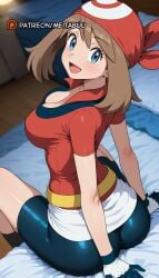 :d ai_generated ass bandana bed bike_shorts bike_shorts_under_skirt black_shorts blue_eyes blush breasts brown_hair cleavage fanny_pack female from_behind gloves indoors kasumi_(pokemon) large_breasts looking_at_viewer looking_back may_(pokemon) meitabuu on_bed open_mouth pokemon pokemon_(species) pokemon_rgby pok�mon_(species) red_bandana red_shirt shirt short_sleeves shorts shorts_under_skirt sitting skirt smile solo white_skirt