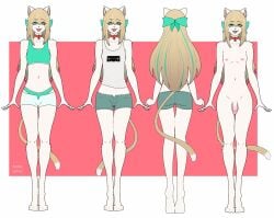 anthro blonde_hair blue_bottomwear blue_clothing blue_eyes blue_hotpants blue_panties blue_shorts blue_topwear blue_underwear bottomwear clothing collar eyelashes felid femboy flaccid front_view fur genitals hair hi_res hotpants humanoid_genitalia humanoid_penis long_hair looking_at_viewer male mammal navel nipples norakaru open_mouth open_smile panties penis pink_nipples pink_penis rear_view red_collar shorts simple_background smile solo standing topwear underwear white_body white_fur