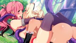 2girls alice_(sakura_maid) areolae ass blonde_hair blue_eyes breasts female inma looking_at_partner multiple_girls nipples on_ground outside pink_hair purple_eyes sakura_maid_2 sena_(sakura_maid) stockings tentacle vaginal_penetration winged_cloud yuri