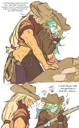 2d 2girls abs angry annoyed applejack_(mlp) biceps blonde_hair blue_body butch cigarette clothed clothes clothing cowboy_hat cowgirl digital_media dominant_female english_text female female_only freckles gijinka hat larger_female lasso muscular muscular_female my_little_pony orange_body rainbow_dash_(mlp) sharp_teeth shorter_female shotgun smaller_female standing submissive_female taller_female text white_background yuri zerdasher