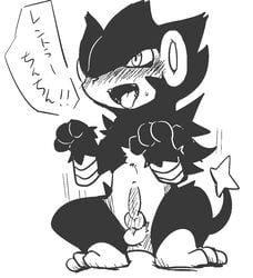 2013 balls black_and_white blush doneru feral japanese_text knot luxray male monochrome nintendo open_mouth penis pokémon_(species) pokemon pokemon_(species) pokemon_dppt simple_background solo text translation_request video_games