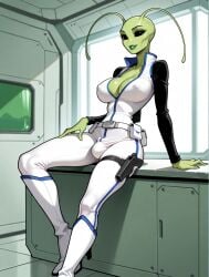 1futa 1girls against_table ai_generated alien alien_girl alien_humanoid antennae_(anatomy) arm_support bald belt black_eyes black_sleeves blue_trim bodysuit bulge cleavage clothed covered_nipples earless eyelashes futanari green_lips green_skin gynomorph high_collar high_heel_boots high_heels holster holstered_weapon indoors jimojo knee_boots large_breasts leaning light_smile long_sleeves multicolored_clothing narrow_waist no_ears no_nose noseless parted_lips science_fiction solo stable_diffusion standing thigh_holster utility_belt white_bodysuit