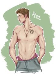 1boy dean_winchester guy happy_trail light_brown_hair male male_only panties pink_panties shirtless solo solo_male supernatural tattoo