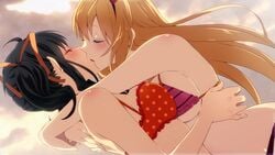 2girls ayumi_(sakura_beach) bikini black_hair blonde_hair breasts closed_eyes female female_only hand_on_back hand_on_head inma kissing momoko_(sakura_beach) multiple_girls sakura_beach winged_cloud yuri