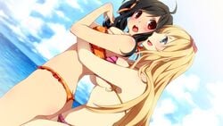 2girls ayumi_(sakura_beach) bikini black_hair blonde_hair blue_eyes breast_grab breasts female female_only inma momoko_(sakura_beach) multiple_girls red_eyes sakura_beach winged_cloud yuri