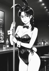 ai_generated black_and_white black_leotard bowtie bunny_ears bunny_girl bunny_tail cowboy_shot female glasses initial_d light_smile looking_at_viewer manga manga_style monochrome nightclub performing_seductively seductive_look seductive_smile serafuku shiraishi stripper_pole wrist_cuffs