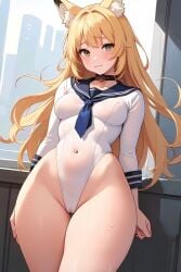 adapted_uniform blonde_hair blush cameltoe choker covered_navel cowboy_shot female fox_girl green_eyes highleg highleg_leotard long_hair looking_at_viewer school school_uniform sleeved_leotard solo sweat thick_thighs tight_clothes wide_hips window