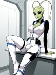 1futa 1girls against_table ai_generated alien alien_girl alien_humanoid antennae_(anatomy) arm_support bald belt black_eyes black_sleeves blue_trim bodysuit bulge cleavage clothed covered_nipples earless eyelashes futanari green_lips green_skin gynomorph high_collar high_heel_boots high_heels holster holstered_weapon indoors jimojo knee_boots large_breasts leaning leaning_back leg_up light_smile long_sleeves multicolored_clothing narrow_waist no_ears no_nose no_pupils no_sclera noseless parted_lips science_fiction solid_eyes solo stable_diffusion standing thigh_holster utility_belt white_bodysuit