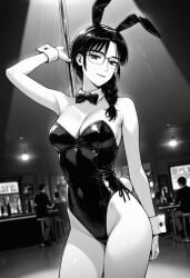 ai_generated best_quality black_and_white_manga_style black_leotard bowtie bunny_ears bunny_girl bunny_tail cowboy_shot female glasses initial_d light_smile looking_at_the_viewer masterpiece monochrome nightclub performing_seductively serafuku shiraishi stripper_pole wrist_cuffs