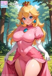 ai_generated blonde_hair blue_eyes blue_gemstone blush breasts covered_navel crown day dress earrings female forest gem gloves grass hair_between_eyes impossible_clothes jewelry large_breasts lips long_hair looking_at_viewer nature outdoors parted_lips pelvic_curtain pink_dress princess_peach puffy_short_sleeves puffy_sleeves short_sleeves sky smile solo sphere_earrings taut_clothes taut_dress thighs tree white_gloves