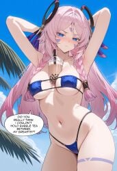 1girls ai_generated armpits beach between_breasts bikini boba_tea breasts bubble_tea bubble_tea_challenge citlali_(genshin_impact) drink english_text female gayuchi genshin_impact pink_hair pout shaman solo talking_to_viewer