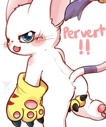 anus big_ears black_nose blue_eyes blush claws clothing digimon digimon_(species) english_text felid feline female fur gatomon gloves long_tail looking_at_viewer mammal minhpupu pawpads pussy solo tail_ring text tongue tongue_out whiskers white_fur