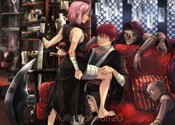 1boy 1girls bandaged_arm bandaged_leg bandaged_neck female hand_on_leg loose_clothes male male/female muffinmonstah naruto naruto_(series) naruto_shippuden pink_hair puppet red_hair sakura_haruno sasori sleeveless straight suggestive suggestive_pose villain