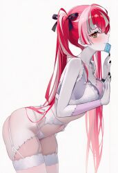 1girls ai_assisted belly_button black_nails bra breasts condom condom_wrapper female female_only garter_belt garter_straps hololive hololive_indonesia hololive_indonesia_holoro kureiji_ollie moimoi_(moi6d6f69) monster_girl panties patchwork_skin red_hair simple_background small_breasts solo twintails virtual_youtuber white_background white_bra white_panties zombie zombie_girl