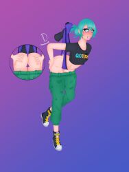 aqua_hair black_black_sneakers black_shirt black_t-shirt danileon10 embarrassed embarrassed_underwear_female emi_kimura_(yars_rising) euf green_pants hanging_wedgie humiliated humiliation panties panty_pull purple_eyes purple_panties wedgie yars_rising