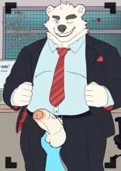 absurd_res animal animal_genitalia ball_grab balls bear clothing dialogue english english_text first_person_view foreskin furry genitals hi_res male mammal office owo penis peto_(peto3001) polar_bear slightly_chubby spanish spanish_dialogue spanish_text text thehiddenperv ursine viewer_hand work_uniform