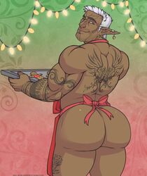 animated apron back_muscles bara bara_ass big_ass big_ass_(male) big_butt big_thighs blue_eyes bubble_ass bubble_butt ceran christmas christmas_lights cookies dark_skin ear_piercing facing_viewer fat_ass fat_butt gingerbread_man huge_ass huge_butt large_ass large_butt lip_piercing mail_order_superhero male male_only massive_ass massive_butt muscular muscular_back muscular_male original_character plump_ass plump_butt pointy_ears round_ass round_butt smile tagme tan_skin tattoo tattoos thick_ass thick_butt thick_thighs video white_hair wink