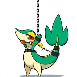 1:1 ai_generated ambiguous_gender ball_gag bondage bondage bound chains female feral gag gagged generation_5_pokemon green_body harness hellsonger hi_res looking_at_viewer nintendo pokemon pokemon_(species) red_eyes reptile scalie simple_background slit_pupils snivy solo submissive white_background