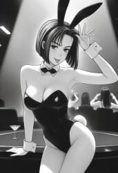 ai_generated best_quality black_leotard bowtie bunny_ears bunny_girl bunny_tail female initial_d light_smile looking_at_viewer masterpiece monochrome natsuki_mogi nightclub open_mouth sexy_pose sitting wrist_cuffs