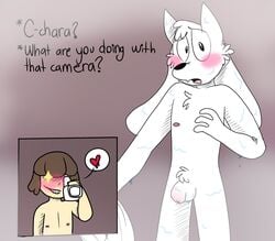 2019 anthro asriel_dreemurr blush bovid camera caprine chara fur gay goat hair horn human long_ears male mammal nude penis simple_background smile solo_male triodekka undertale video_games white_fur young