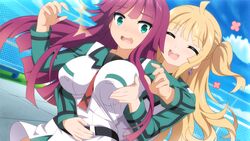 2girls arisa_moegihara blonde_hair breast_grab breasts closed_eyes cyan_eyes female female_only kaguya_setsuna magenta_hair multiple_girls outside sakura_nova wanaca winged_cloud yuri