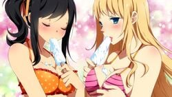 2girls ayumi_(sakura_beach) bikini black_hair blonde_hair blue_eyes breasts closed_eyes dripping female female_only ice_cream inma momoko_(sakura_beach) multiple_girls sakura_beach winged_cloud