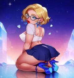 ass blonde_hair blue_eyes blue_heels breasts bubble_butt casual_clothes charlotte_fizzles cute earrings female female_only glasses gnome gnome_(warcraft) gnome_female heels ice jewelry lipstick looking_at_viewer looking_back looking_back_at_viewer on_knees pin-up pinup pinup_pose red_lipstick sexy short_hair shortstack smile snow snowing stare warcraft white_top world_of_warcraft