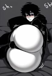 1boy 1male ai_generated arms_crossed ass ass_cheeks ass_focus balls ballsack big_ass big_butt black_eyes black_hoodie black_topwear butt_cheeks dat_ass doomer_boy emo fat_ass femboy femboy_focus femboy_only hoodie huge_ass huge_butt laying_on_bed laying_on_side looking_at_viewer male male_only thong