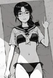 ai_generated beach_background beach_blanket black_bikini black_bikini_top cowboy_shot female glasses initial_d light_smile looking_at_viewer manga manga_style monochrome navel on_back serafuku shiraishi waving