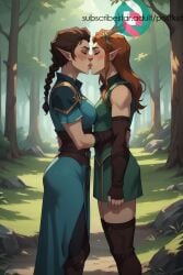 2girls ai_generated arms_around_partner closed_eyes forest keyleth kissing looking_at_another stable_diffusion tagme the_legend_of_vox_machina vex'ahlia vox_machina