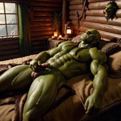 ai_generated bara big_muscle big_penis erection green_skin huge_cock male muscular_male orc orc_male orced penis