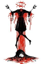 <o>_<o> 1girl arrow_(projectile) arrow_in_arm arrow_in_body black_eyes black_hair black_pantyhose black_shoes black_skirt blood blood_on_clothes blush_stickers buttons decapitation double-breasted eleanor_(ohmyeleanor) eye_symbol eyelashes full_body hair_flowing_over headless high_heels highres horns limited_palette long_hair no_pupils one_eye_closed pantyhose pleated_skirt pumps severed_head shoes simple_background skirt slim_legs smile white_background white_skirt