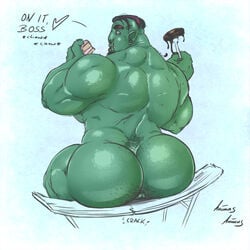 1boy anal_hair animasanimus anus ass bara bara_ass bench big_ass big_ass_(male) big_butt black_hair blue_eyes bubble_ass bubble_butt cake cute dark_hair dat_ass dat_butt dialogue dumptruck_ass dumptruck_butt dyed_hair ear_gauges ear_piercing english_text fat_ass fat_butt food fork frosty_background glas green_skin guaged_ears hairy hairy_anus heavy himbo huge_ass huge_butt humanoid large_ass large_butt looking_at_viewer looking_back male male_only massive_ass massive_butt monster muscular nude orc pancake piercing plump_ass plump_butt pointy_ears puffy_anus round_ass round_butt saliva saliva_string shiny_skin sitting solo sound_effects thick_eyebrows thick_thighs wide_hips