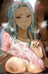 blue_hair cum cum_on_breasts cum_on_face hero_neisan nefertari_vivi one_piece smelly