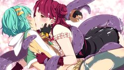 2girls amber_eyes closed_eyes cum_on_ass cum_on_face cyan_hair female inma kimiko_(sakura_agent) kissing masumi_(sakura_agent) multiple_girls red_hair sakura_agent tentacle winged_cloud yuri