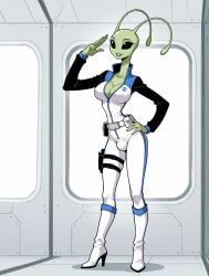 1futa 1girls against_table ai_generated alien alien_girl alien_humanoid antennae_(anatomy) arm_support bald belt black_eyes black_sleeves blue_trim bodysuit bulge cleavage clothed covered_nipples earless eyelashes futanari green_lips green_skin gynomorph hand_on_hip hand_up high_collar high_heel_boots high_heels holster holstered_weapon indoors intersex jimojo knee_boots large_breasts leaning light_smile long_sleeves multicolored_clothing narrow_waist no_ears no_nose no_pupils no_sclera noseless one_hand_up parted_lips salute science_fiction solid_eyes solo stable_diffusion standing thigh_holster two_fingers_up utility_belt white_bodysuit