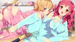 2girls ass barefoot blonde_hair blue_eyes breasts brown_eyes choko_(sakura_christmas_party) frosting inma miyu_(sakura_christmas_party) multiple_girls nipples pink_hair sakura_christmas_party spread_legs winged_cloud