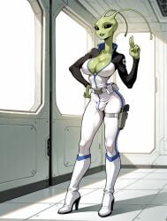 1futa 1girls against_table ai_generated alien alien_girl alien_humanoid antennae_(anatomy) arm_support bald belt black_eyes black_sleeves blue_trim bodysuit bulge cleavage clothed covered_nipples earless eyelashes futanari green_lips green_skin gynomorph hand_on_hip hand_up high_collar high_heel_boots high_heels holster holstered_weapon indoors intersex jimojo knee_boots large_breasts leaning light_smile long_sleeves multicolored_clothing narrow_waist no_ears no_nose no_pupils no_sclera noseless one_hand_up parted_lips salute science_fiction solid_eyes solo stable_diffusion standing thigh_holster two_fingers_up utility_belt white_bodysuit