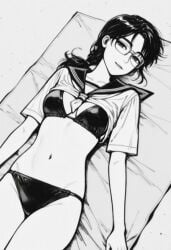 ai_generated beach_background beach_blanket best_quality black_bikini_top black_small-skirted_bikini closed_eyes cowboy_shot female glasses initial_d light_smile looking_at_viewer manga manga_style masterpiece monochrome serafuku shiraishi sitting waving