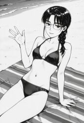 ai_generated beach_background beach_blanket black_bikini black_bikini_top closed_eyes cowboy_shot female glasses initial_d light_smile looking_at_viewer manga manga_style monochrome navel serafuku shiraishi sitting waving