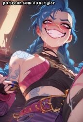 ai_generated blue_hair blush braid breasts breasts_out choker clothed covered_in_cum cum cum_on_face genital_fluids gesugao jinx_(league_of_legends) league_of_legends long_hair looking_at_viewer patreon purple_eyes riot_games ripped_clothing smiling smiling_at_viewer solo tattoo torn_clothes twin_braids vanstyler very_long_hair